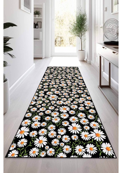 Siyah Kaymaz Papatyalı Kesme Rulo Özel Ölçülü Yolluk VH099