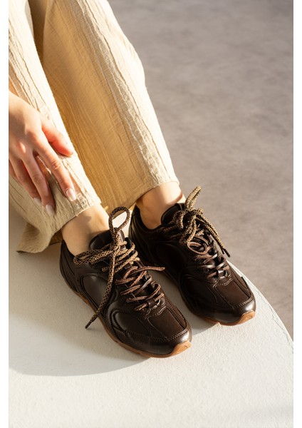 Bellıve Acı Kahve Cilt Çift Bağcık Trend Model Sneaker