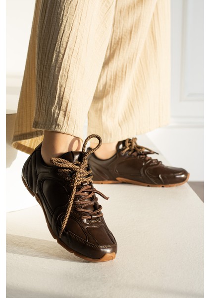 Bellıve Acı Kahve Cilt Çift Bağcık Trend Model Sneaker modelleri