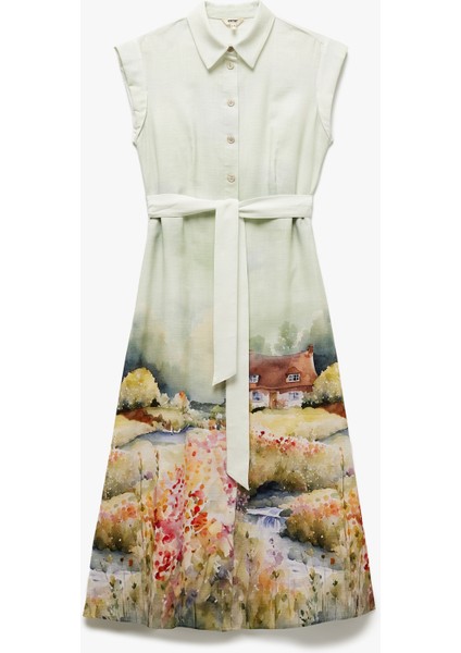 Kemer Detaylı Kolsuz Viskon Manzara Desenli Uzun Çiçekli Gömlek Elbise