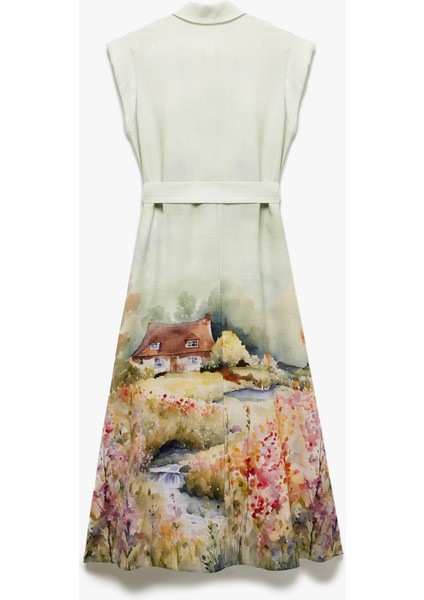 Kemer Detaylı Kolsuz Viskon Manzara Desenli Uzun Çiçekli Gömlek Elbise fiyatları