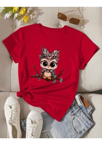 Sevimli Baykuş Baskılı Basic T-Shirt