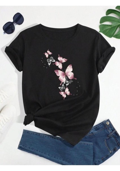 Uçuşan Kelebekler Baskılı Basic T-Shirt