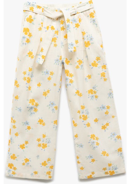 Pamuklu Çiçek Desenli Kemer Detaylı Geniş Paça Pantolon