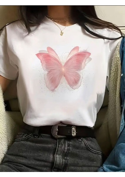 Pembe Kelebek Detaylı Basic T-Shirt