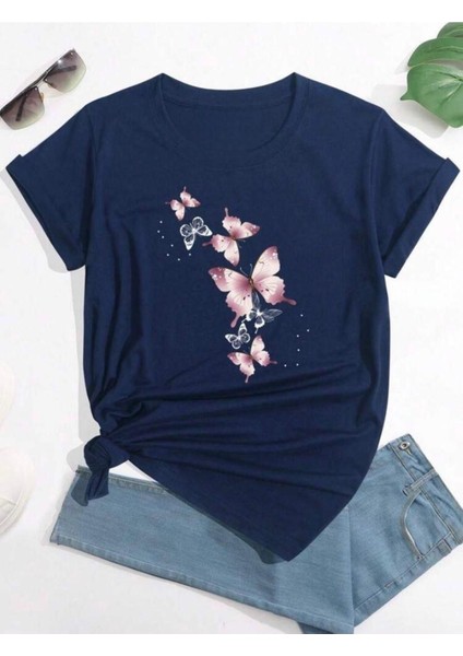 Uçuşan Kelebekler Baskılı Basic T-Shirt