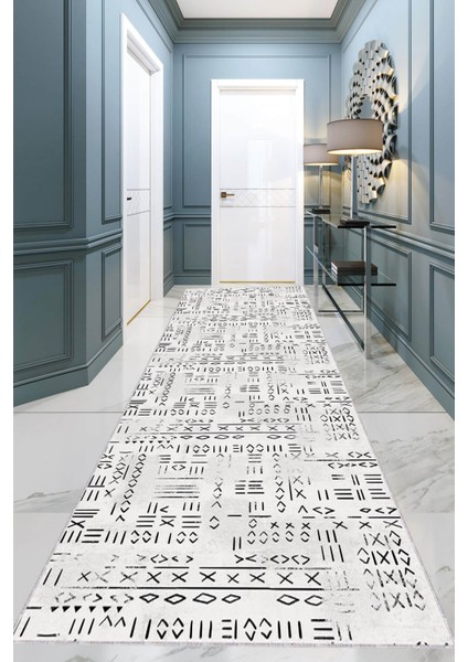 Açık Gri Kaymaz Etnik Kesme Rulo Özel Ölçülü Yolluk AR1375