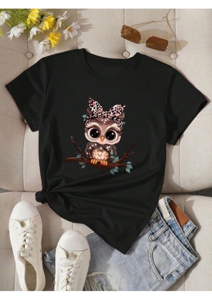 Sevimli Baykuş Baskılı Basic T-Shirt