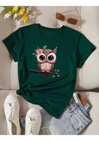 Baykuş Desen Baskılı Basic T-Shirt