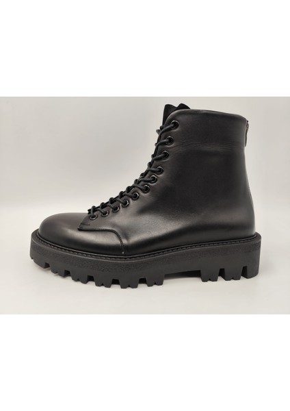 5672 Erkek Yüksek Taban Siyah Cilt Bağlı Şık Zincirli Spor Bot