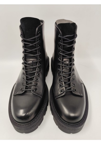 5672 Erkek Yüksek Taban Siyah Cilt Bağlı Şık Zincirli Spor Bot modelleri