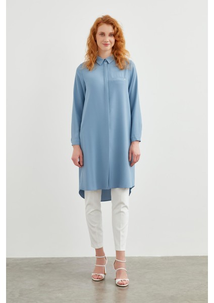 Gizli Düğme Detaylı Mavi Tunik T-0767