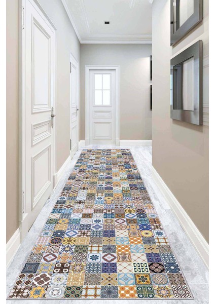 Renkli Kaymaz Çini Desen Kesme Rulo Özel Ölçülü Yolluk AR270