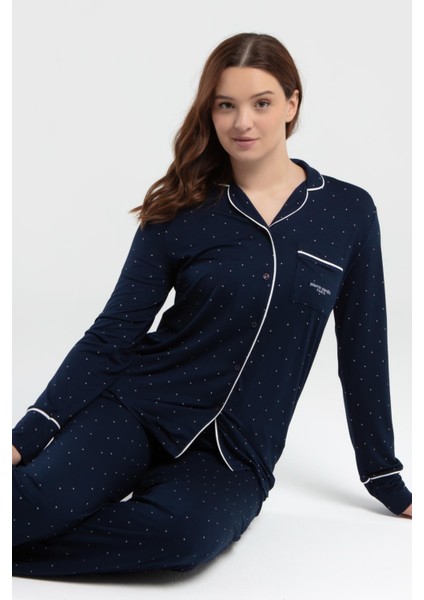 Çeyizlik Kutulu Pijama Takım, Viskon Kumaş, Önden Düğmeli, Uzunkol