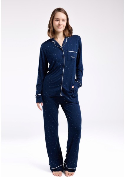 Çeyizlik Kutulu Pijama Takım, Viskon Kumaş, Önden Düğmeli, Uzunkol