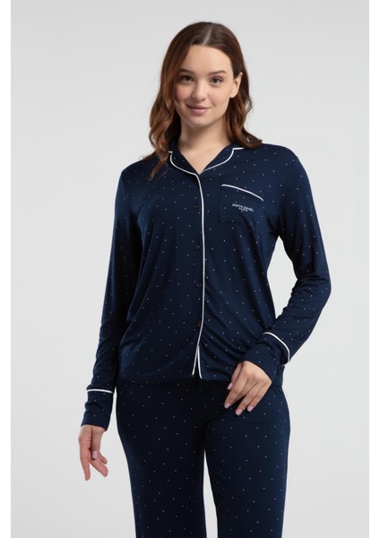 Çeyizlik Kutulu Pijama Takım, Viskon Kumaş, Önden Düğmeli, Uzunkol