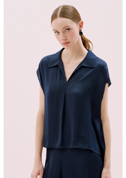 Düşük Omuzlu Saten Bluz Lacivert Y2513005_015
