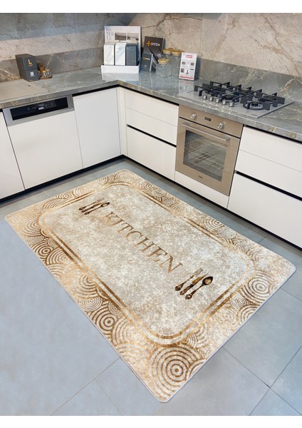 Bej Rengi Kitchen Yazılı Gold Detaylı Lateks Taban Halı fiyatları