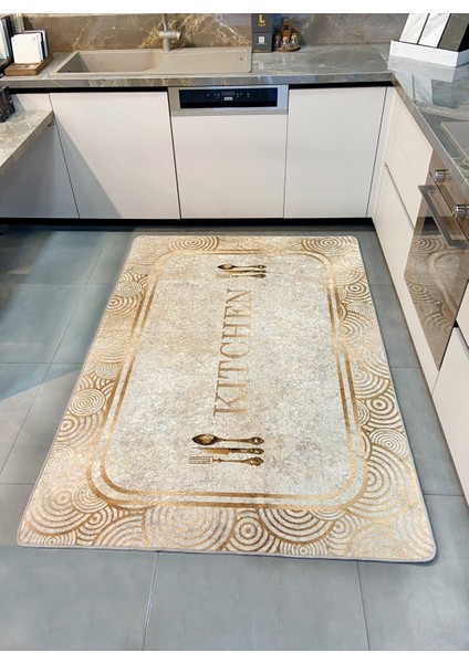 Bej Rengi Kitchen Yazılı Gold Detaylı Lateks Taban Halı fırsatları