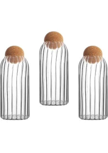 3 Adet Top Mantar Kapaklı Çizgili Cam Kavanoz Ve Baharatlık Seti 1000 Ml