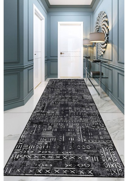 Siyah Kaymaz Etnik Kesme Rulo Özel Ölçülü Yolluk AR1372