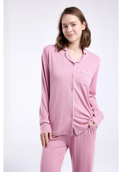 Çeyizlik Kutulu Pijama Takım, Viskon Kumaş, Önden Düğmeli, Uzunkol