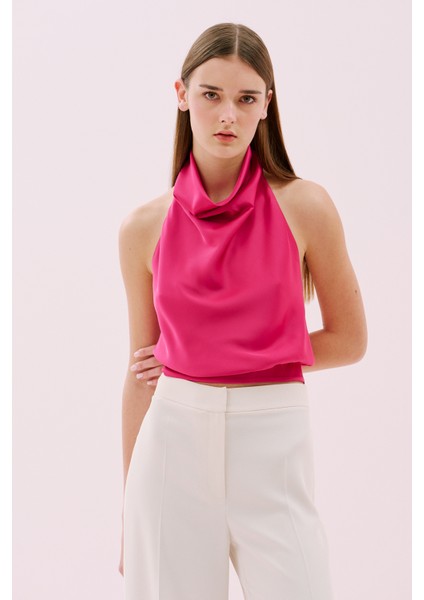 Sırt Dekolteli Degaje Yaka Saten Bluz Fuşya Y2513025_003