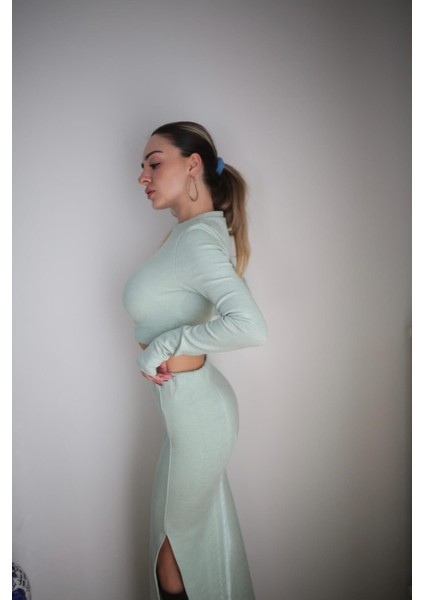 Basic Düz Renk Maxi Etek Crop Kazak Takım