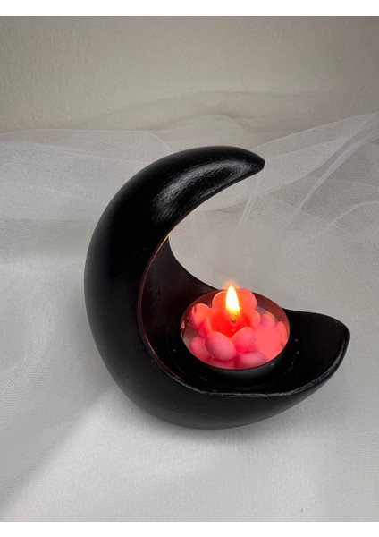 Siyah Ay Şekilli Mumluk, Ramazan Dekorasyonu, Ay Şekilli Tealight Mumluk