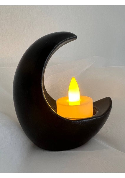 Siyah Ay Şekilli Mumluk, Ramazan Dekorasyonu, Ay Şekilli Tealight Mumluk