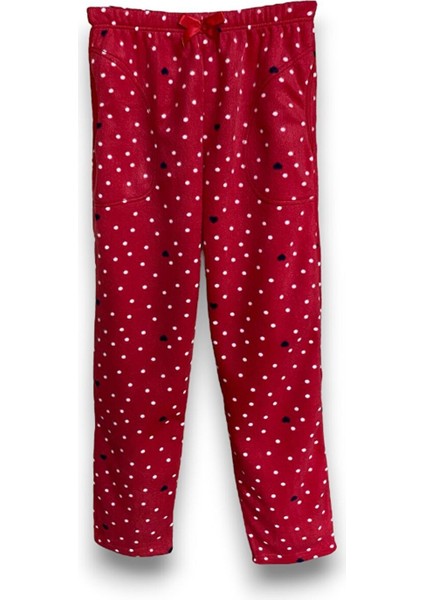 Kadın Kırmızı Puantiyeli Polar Cepli Kışlık Kalın Kaliteli Pijama Altı