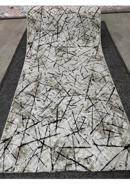 Kabartmalı Halı Dokusunda Jel Kaymaz Taban Yıkanabilir Kesme Yolluk Kahve Çizgili Desen