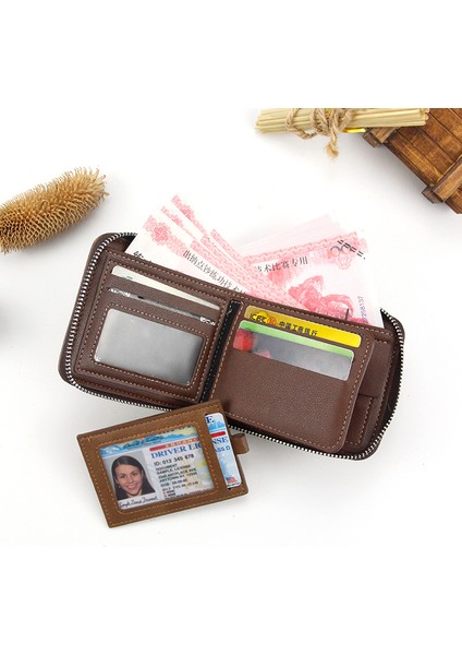 Erkek Cüzdan Kısa Kart Çekme Büyük Kapasiteli Çoklu Kart Yuvası Erkek Fermuarlı Para Cüzdanı Cüzdanı (Yurt Dışından)
