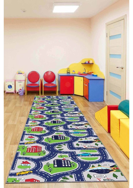 Lacivert Kaymaz Çocuk Kreş Kesme Rulo Özel Ölçü Yolluk AR229