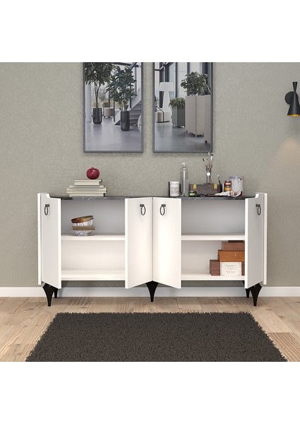 Titanyum (Mermer-Beyaz) Modern Konsol, Çok Amaçlı Dolap, Dresuar, Mutfak Dolabı, Kiler Dolabı, Tv Ünitesi
