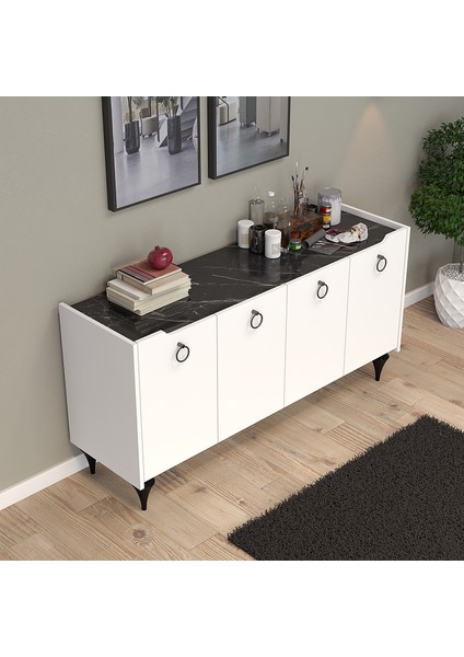Titanyum (Mermer-Beyaz) Modern Konsol, Çok Amaçlı Dolap, Dresuar, Mutfak Dolabı, Kiler Dolabı, Tv Ünitesi