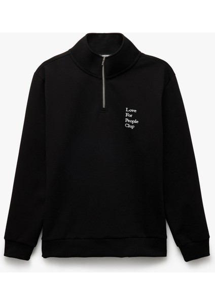 Uzun Kollu Işlemeli Interlok Kumaş Yarım Fermuarlı Sweatshirt