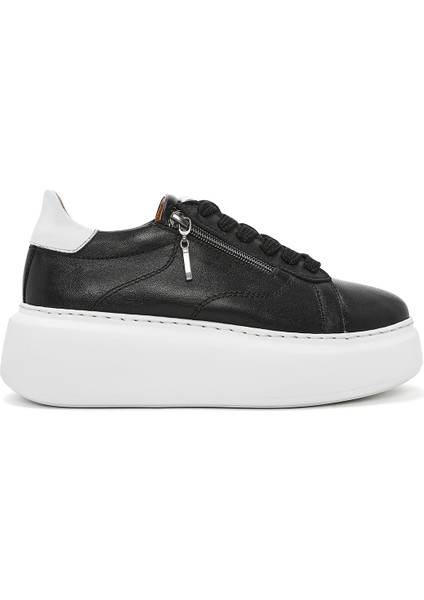 Kadın Siyah Fermuarlı Bağcıklı Kalın Tabanlı Deri Sneaker 25SFD511118