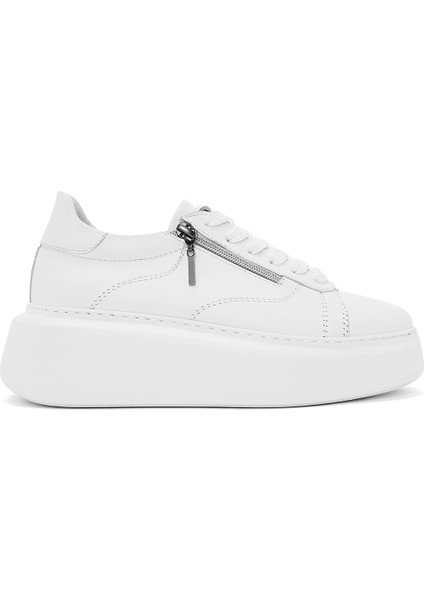 Kadın Beyaz Fermuarlı Bağcıklı Kalın Tabanlı Deri Sneaker 25SFD511118