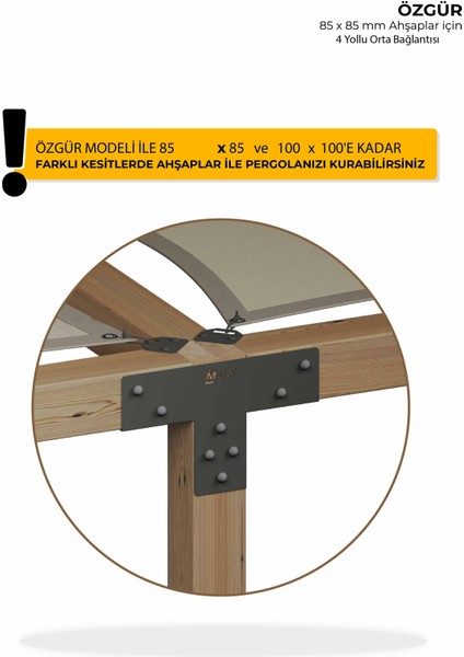 Özgür 4 Yollu Orta Uzatma Bağlantı Braketi 85 x 85'den 100 x 100 mm'ye Kadar Kesitli Ahşaplar İçin