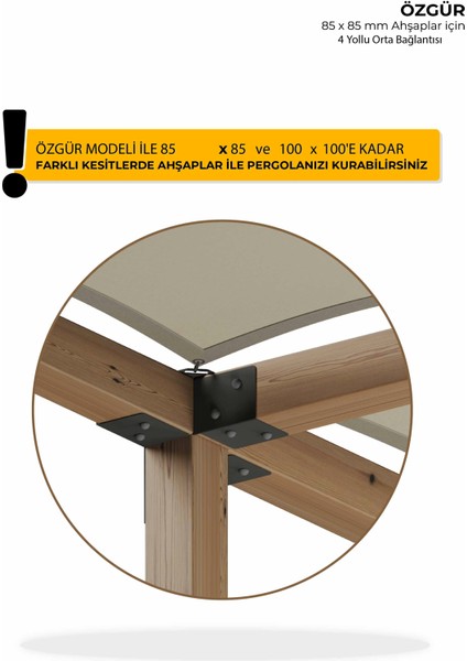 Özgür 4 Yollu Orta Uzatma Bağlantı Braketi 85 x 85'den 100 x 100 mm'ye Kadar Kesitli Ahşaplar İçin