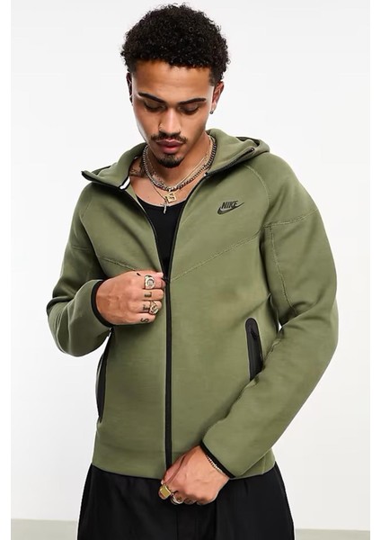 Tech Fleece Full Zip Windrunner Hoodie Green Kapüşonlu Unisex Sweatshirt Haki Yeşil