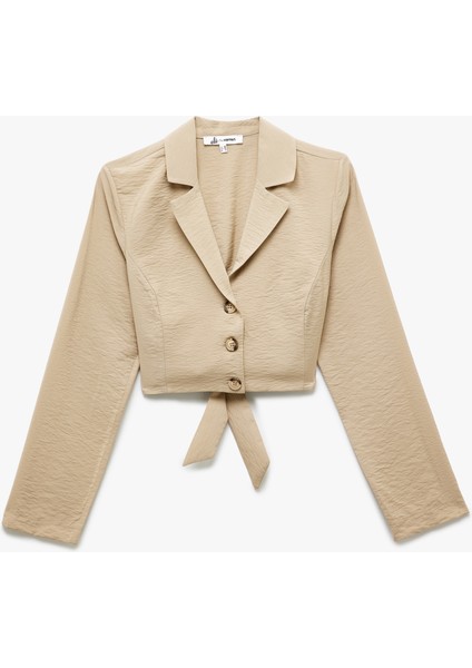 Düğmeli Uzun Kollu Bağlama Detaylı Crop Gömlek