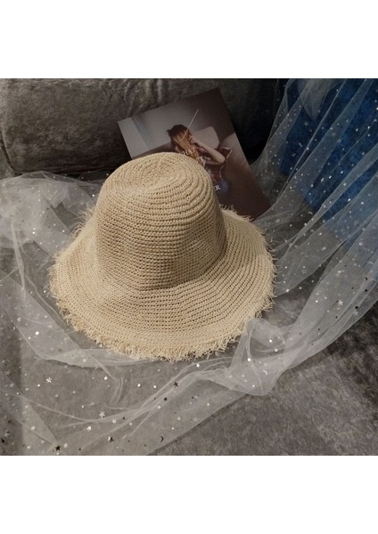 Net Kırmızı Aynı Stil Şapka Bayanlar Kore Versiyonu Büyük Saçak Ham Kenar Nefes Alabilen Hasır Şapka Yaz Güneşlik Güneş Koruyucu Balıkçı Şapkası Plaj Şapkası (Yurt Dışından)