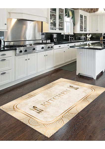 Bej Rengi Kitchen Yazılı Gold Detaylı Lateks Taban Halı