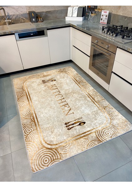 Bej Rengi Kitchen Yazılı Gold Detaylı Lateks Taban Halı modelleri