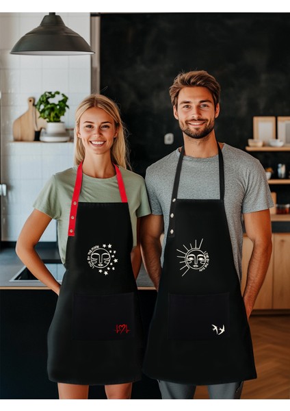 Kumaş Mutfak Önlüğü Seti 2'li Leke Tutmaz Su Itici %65 Pamuk %35 Polyester Sun & Moon Ay-Güneş Önlük