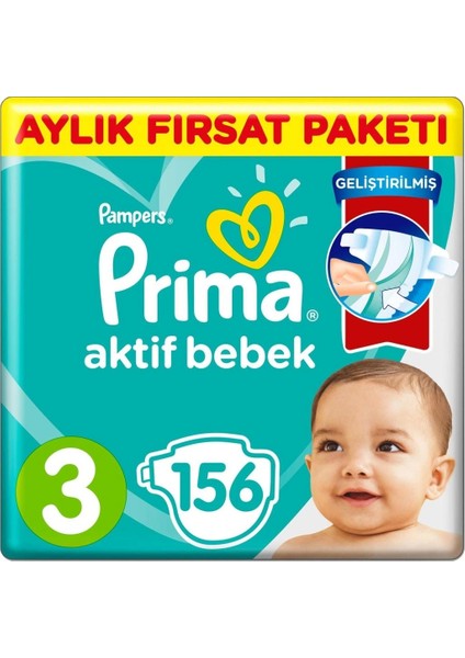 Nessiworld Prima Bebek Bezi Aktif Bebek 3 Beden Aylık Fırsat Paketi 156 Adet