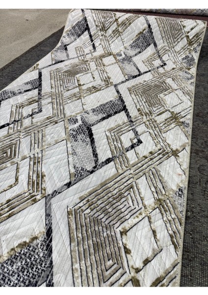 Kabartmalı Halı Dokusunda Jel Kaymaz Taban Yıkanabilir Kesme Yolluk Gold Geometrik Desen fiyatları