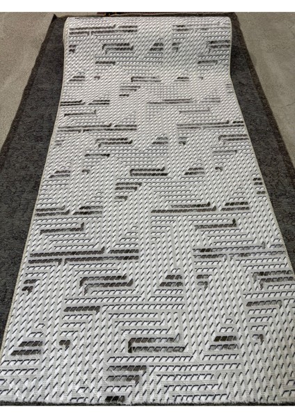 Kabartmalı Halı Dokusunda Jel Kaymaz Taban Yıkanabilir Kesme Yolluk Kahve Mozaik Desen